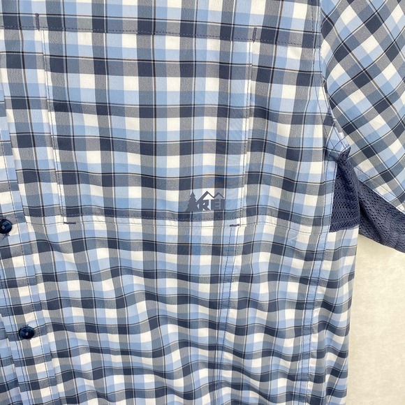 REI Blue Gray Plaid Check Print Short Sleeve Button Up Gorpcore Shirt Size Large - Picture 2 of 7